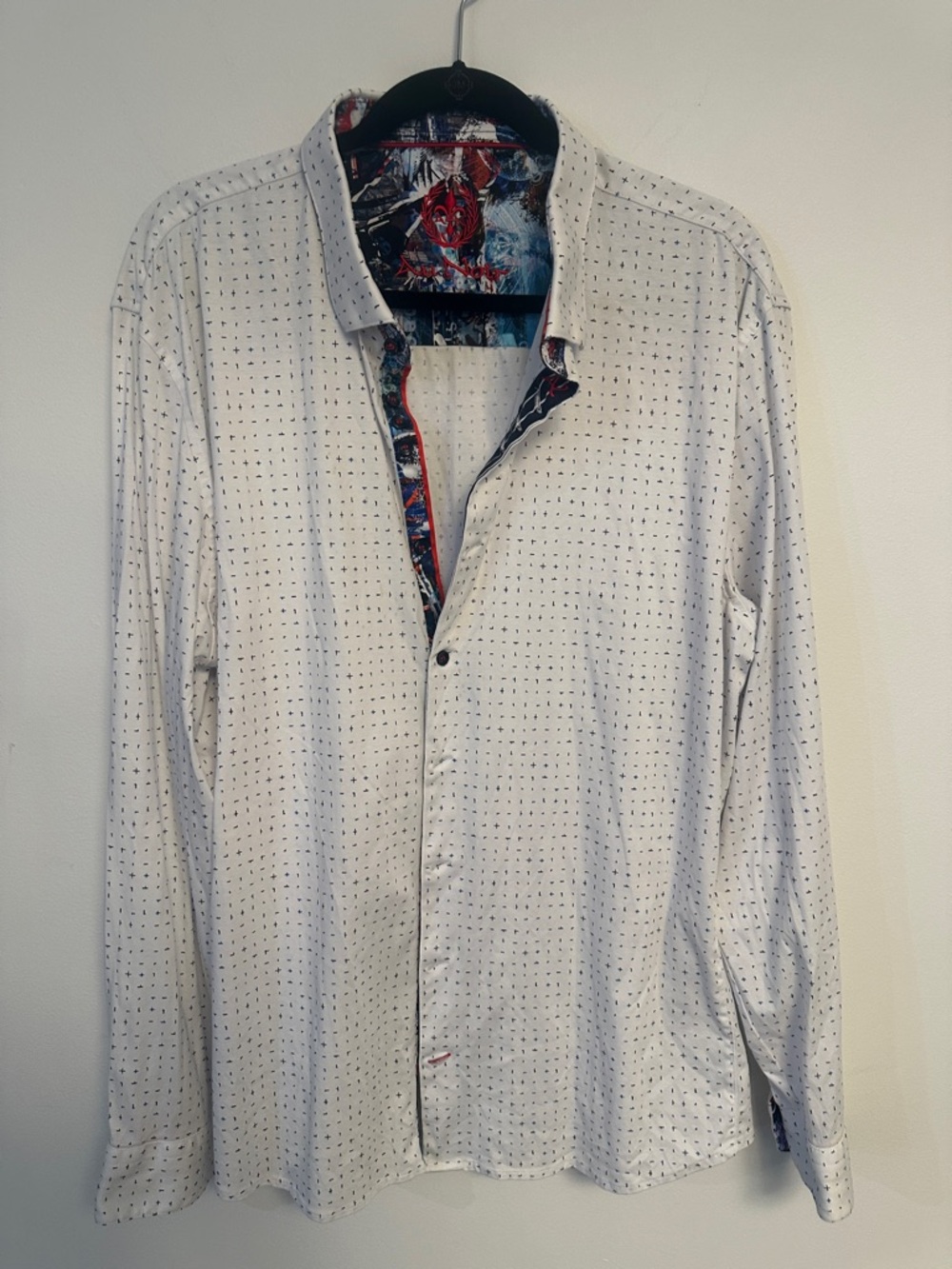 Men's White Micro-Dot Long-Sleeve Button-Down Shirt with Contrast Trim